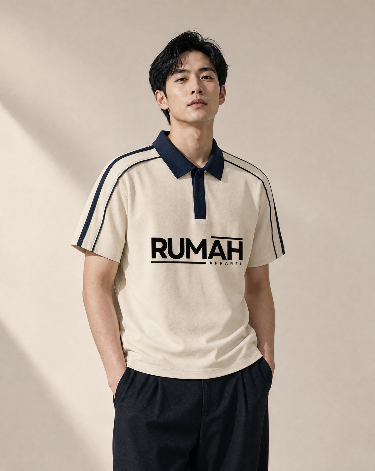 Man wearing a beige polo shirt with 'RUMAH' branding against a neutral background