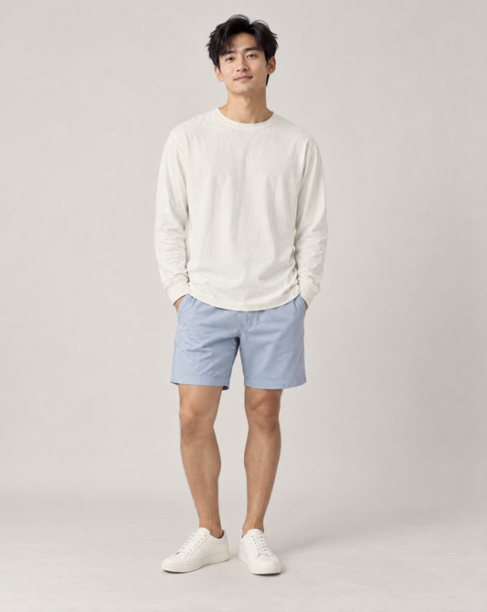 A man wearing white long sleeve t-shirt