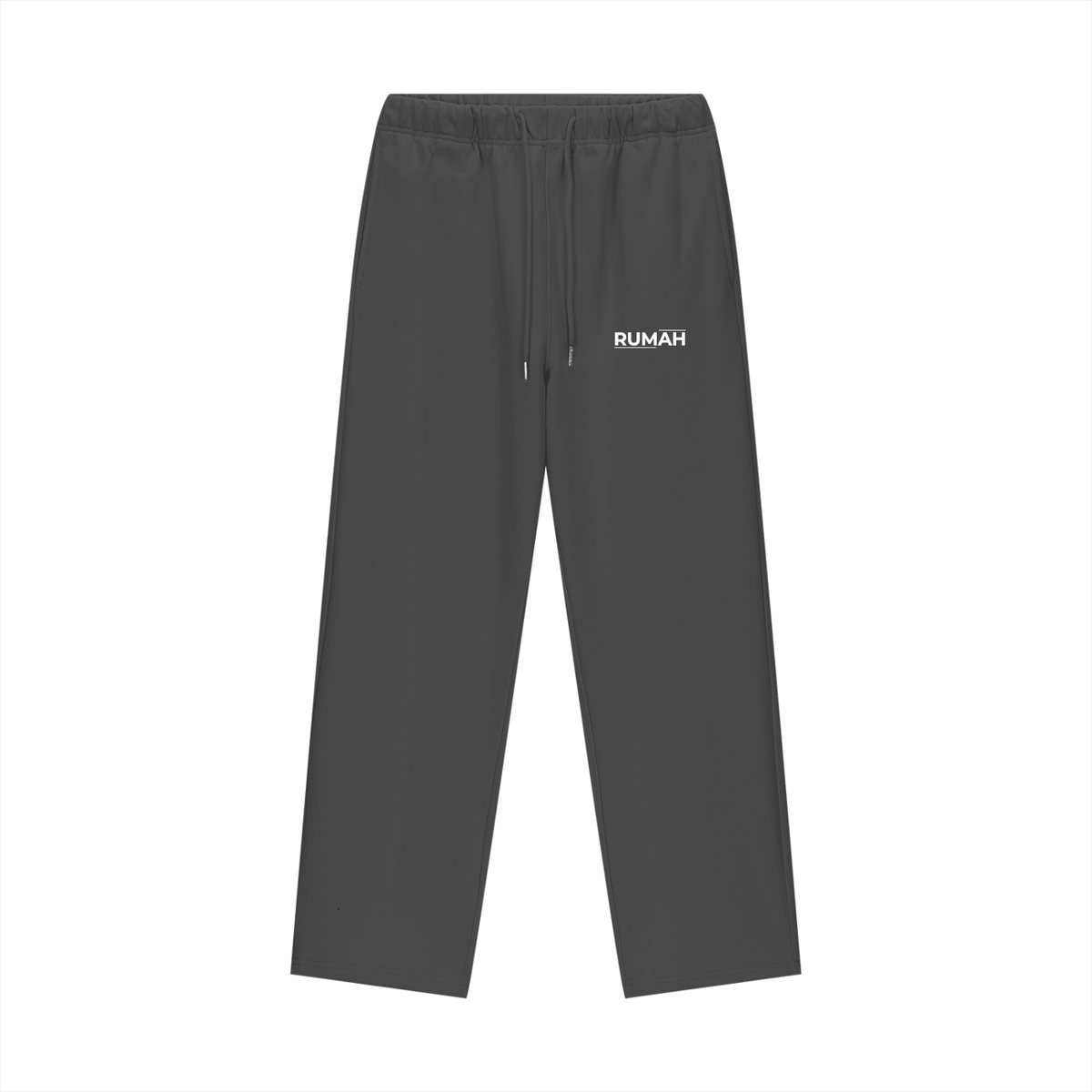 Dark gray pants with 'Rumah Apparel' text.