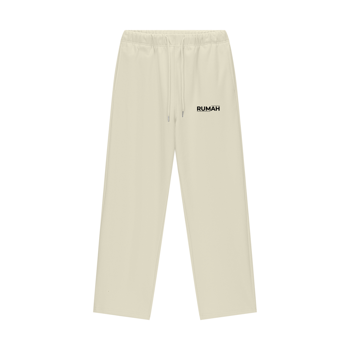 Cream-colored sweatpants with a drawstring waist and a small black embroidered logo on the left thigh. 